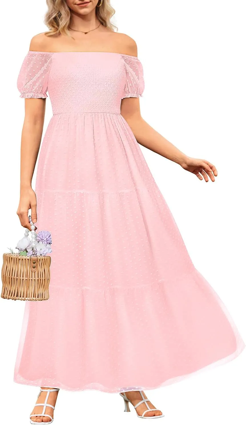 Off The Shoulder Dresses Women - Summer Boho Chiffon Swiss Dot Smocked Puff Sleeve A Line Long Flowy Maxi Sundress 2025