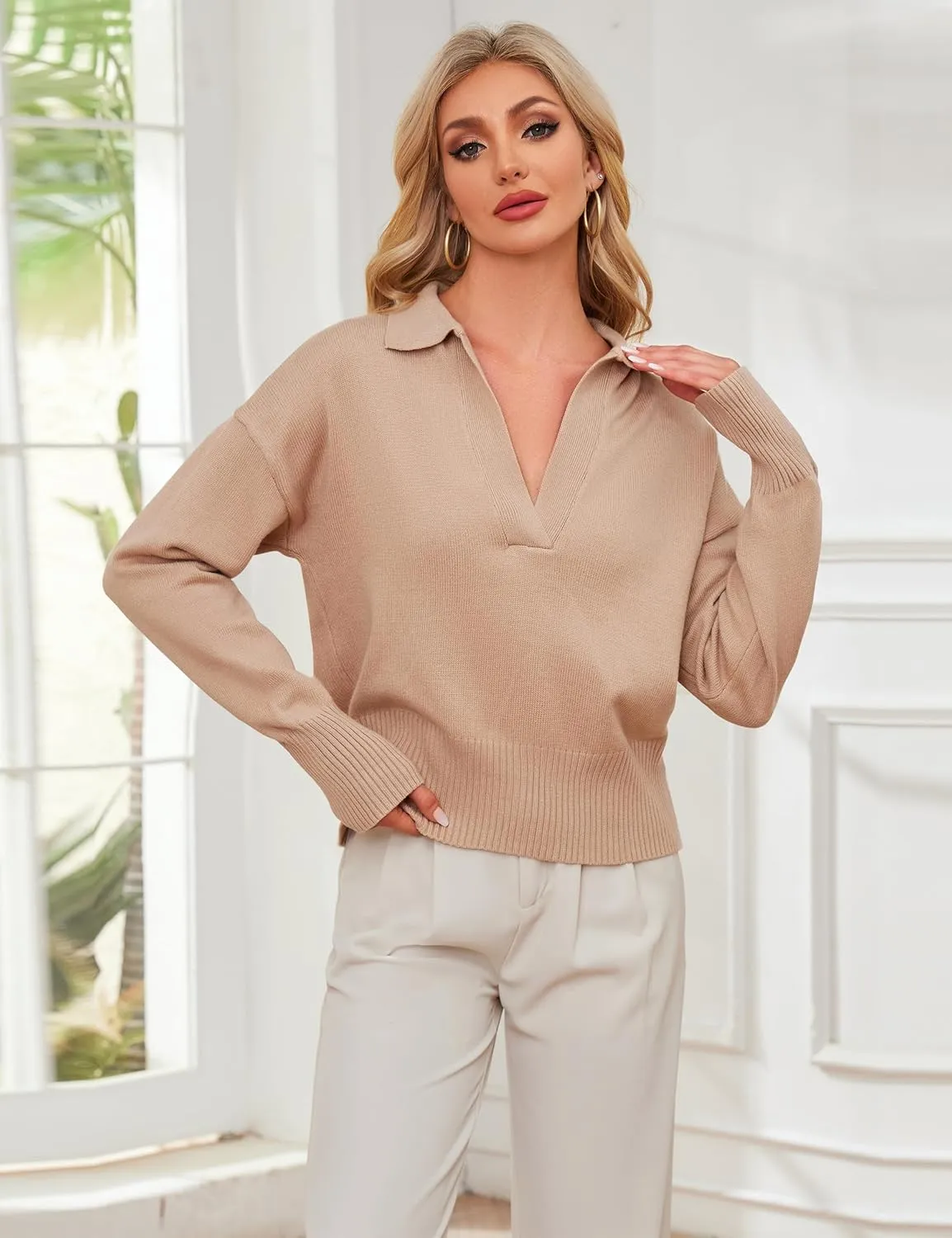 OLAPTA Women Knitted Lapel Collar Crop Sweater Polo V Neck Long Sleeve Loose Fit Casual Comfy Pullover Sweater Jumper Tops