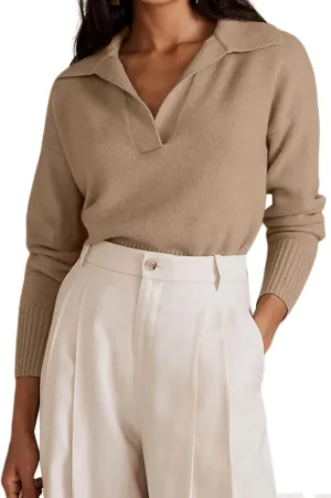 OLAPTA Women Knitted Lapel Collar Crop Sweater Polo V Neck Long Sleeve Loose Fit Casual Comfy Pullover Sweater Jumper Tops