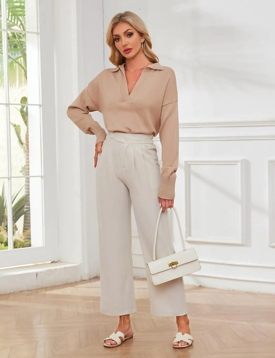 OLAPTA Women Knitted Lapel Collar Crop Sweater Polo V Neck Long Sleeve Loose Fit Casual Comfy Pullover Sweater Jumper Tops
