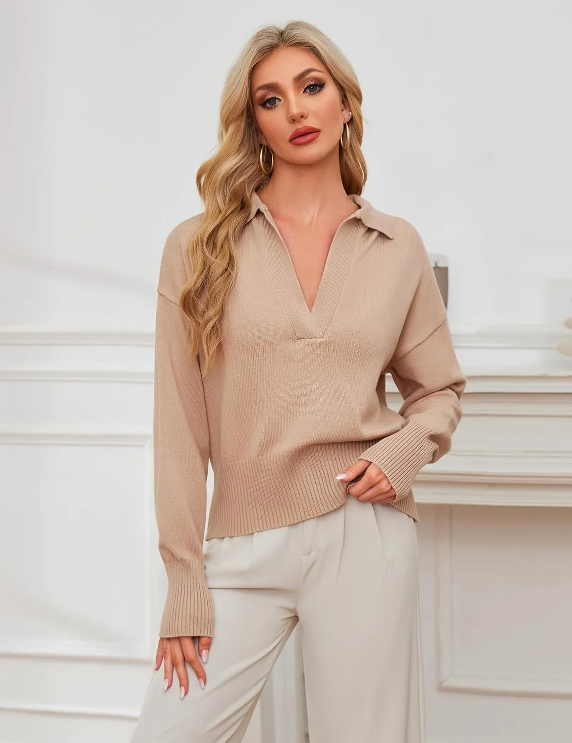 OLAPTA Women Knitted Lapel Collar Crop Sweater Polo V Neck Long Sleeve Loose Fit Casual Comfy Pullover Sweater Jumper Tops