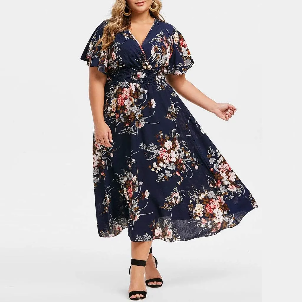 Ollysqiar Dresses Women's 2023 Floral Summer Dress Wrap V Neck Short Sleeve Belted Ruffle Hem A-Line Bohemian Dresses A02 2