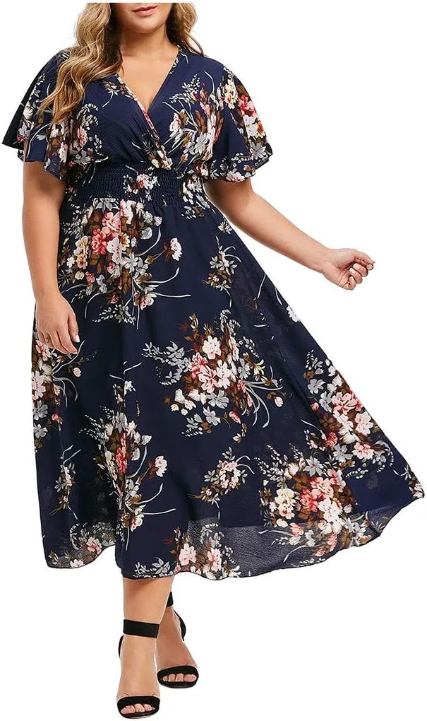 Ollysqiar Dresses Women's 2023 Floral Summer Dress Wrap V Neck Short Sleeve Belted Ruffle Hem A-Line Bohemian Dresses A02 2