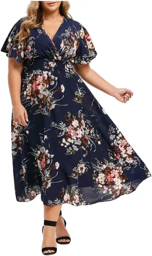 Ollysqiar Dresses Women's 2023 Floral Summer Dress Wrap V Neck Short Sleeve Belted Ruffle Hem A-Line Bohemian Dresses A02 2