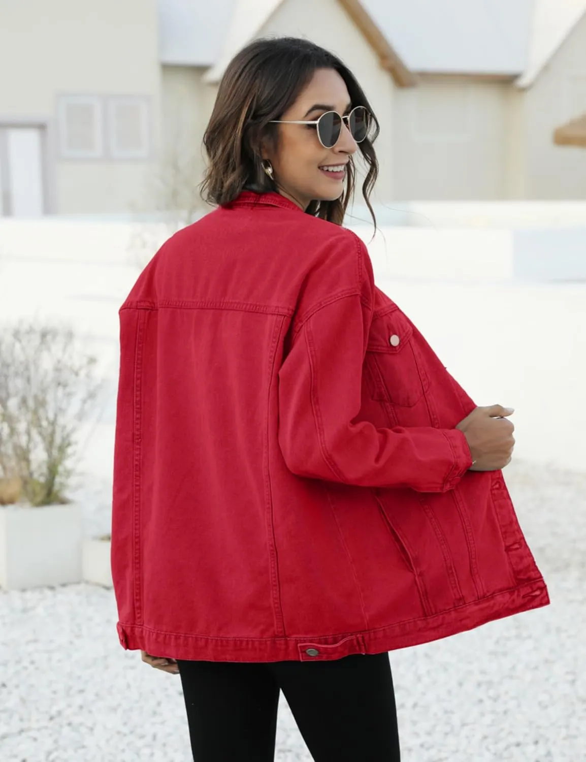 Omoone Women's Oversized Mid Long Denim Jacket Jean Biker Coat