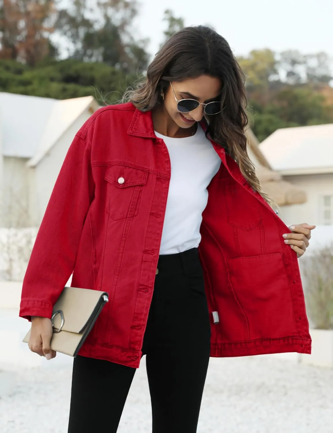 Omoone Women's Oversized Mid Long Denim Jacket Jean Biker Coat