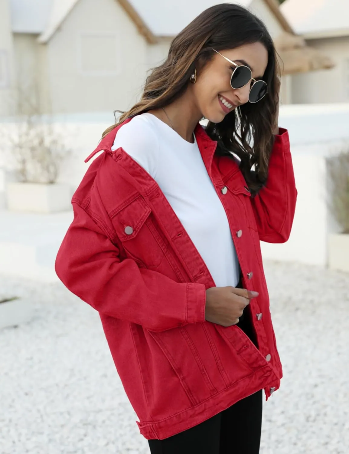 Omoone Women's Oversized Mid Long Denim Jacket Jean Biker Coat