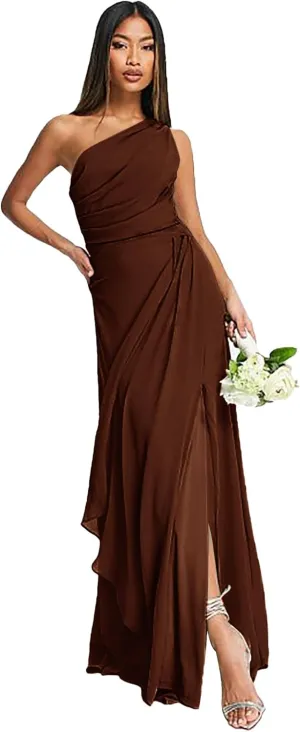 One Shoulder Bridesmaid Dresses for Women 2025 Ruched Chiffon A Line Long Formal Evening Dress with Slit