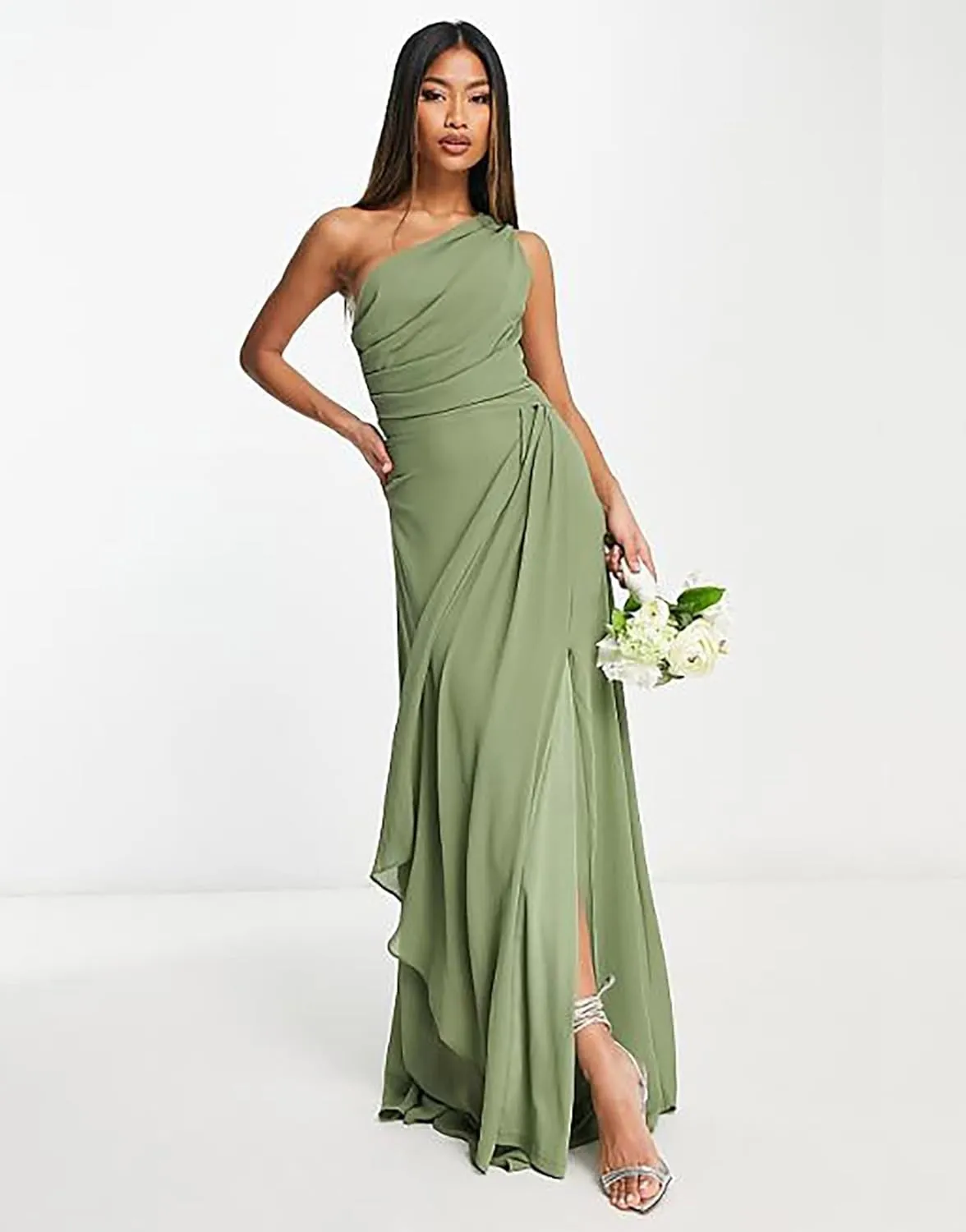 One Shoulder Bridesmaid Dresses for Women 2025 Ruched Chiffon A Line Long Formal Evening Dress with Slit
