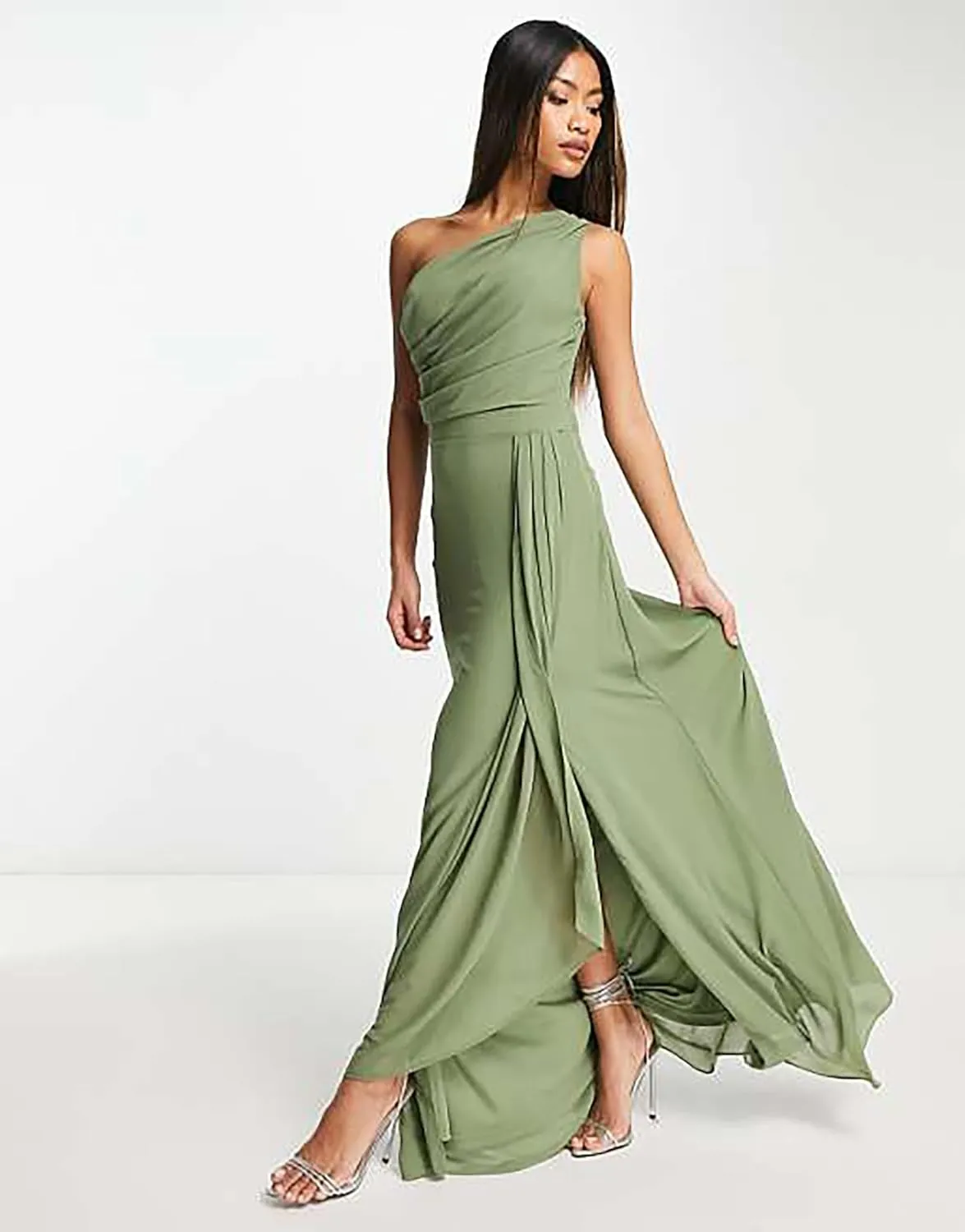 One Shoulder Bridesmaid Dresses for Women 2025 Ruched Chiffon A Line Long Formal Evening Dress with Slit