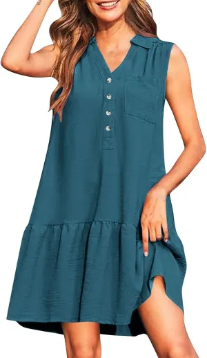 Oplxuo Women's Summer Mini Dress Sleeveless Lapel V-Neck Button Short Tank Sundress Flowy Ruffle Tiered Beach Vacation Dress