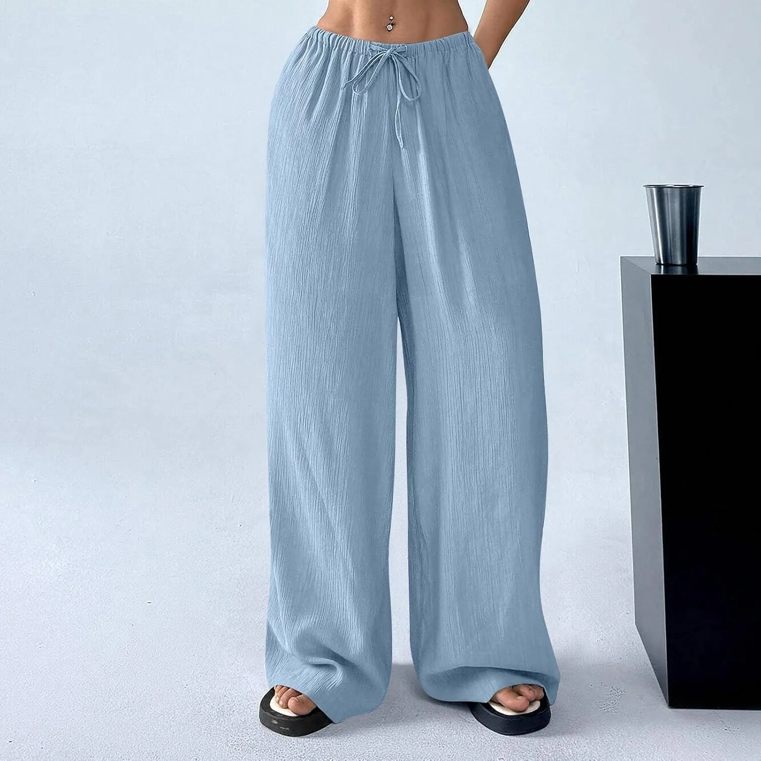 Oversized Wide Leg Pants Woman Baggy Elastic High Waisted Linen Trousers Pants Summer Boho Flowy Pants with Pockets