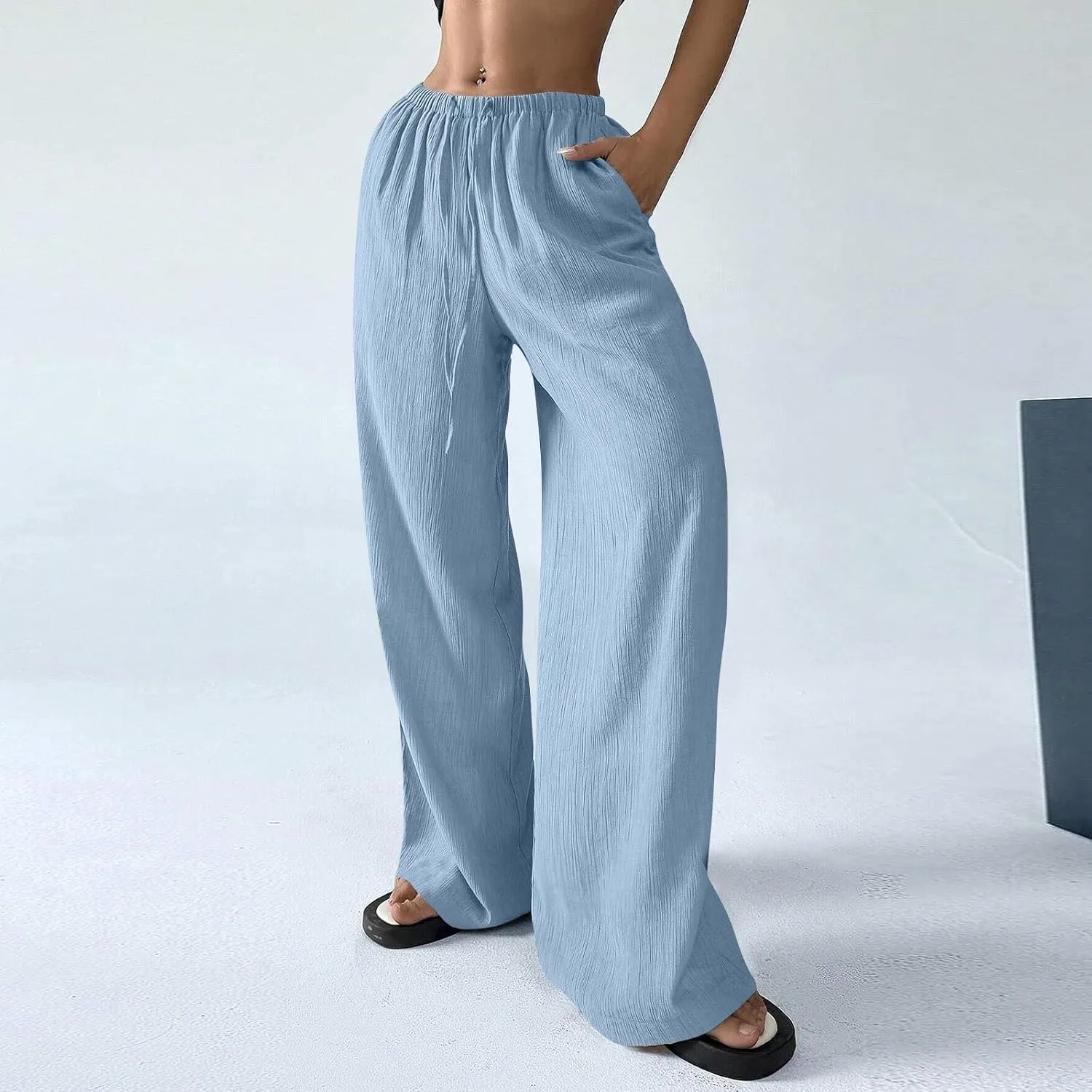 Oversized Wide Leg Pants Woman Baggy Elastic High Waisted Linen Trousers Pants Summer Boho Flowy Pants with Pockets