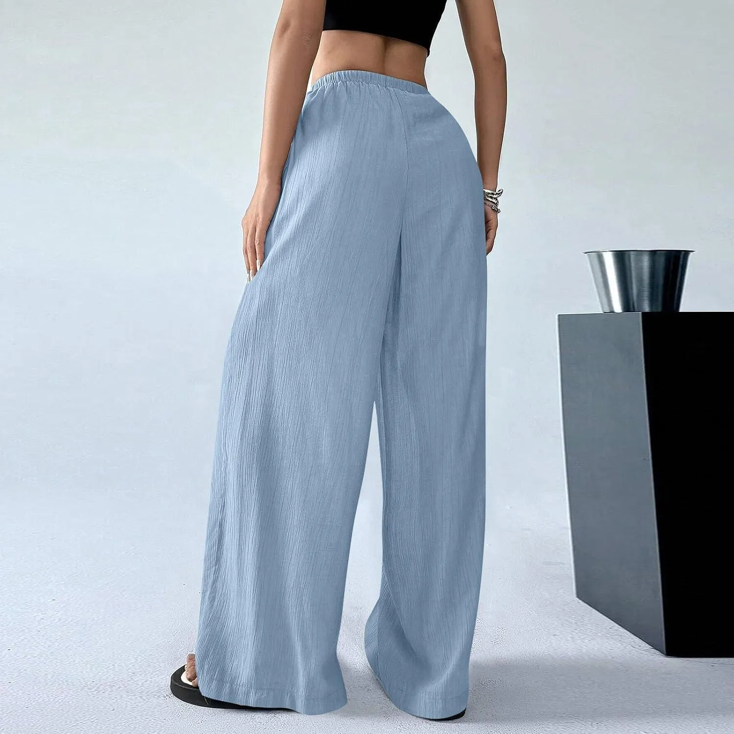 Oversized Wide Leg Pants Woman Baggy Elastic High Waisted Linen Trousers Pants Summer Boho Flowy Pants with Pockets