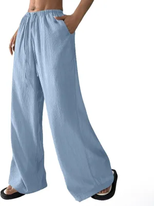 Oversized Wide Leg Pants Woman Baggy Elastic High Waisted Linen Trousers Pants Summer Boho Flowy Pants with Pockets