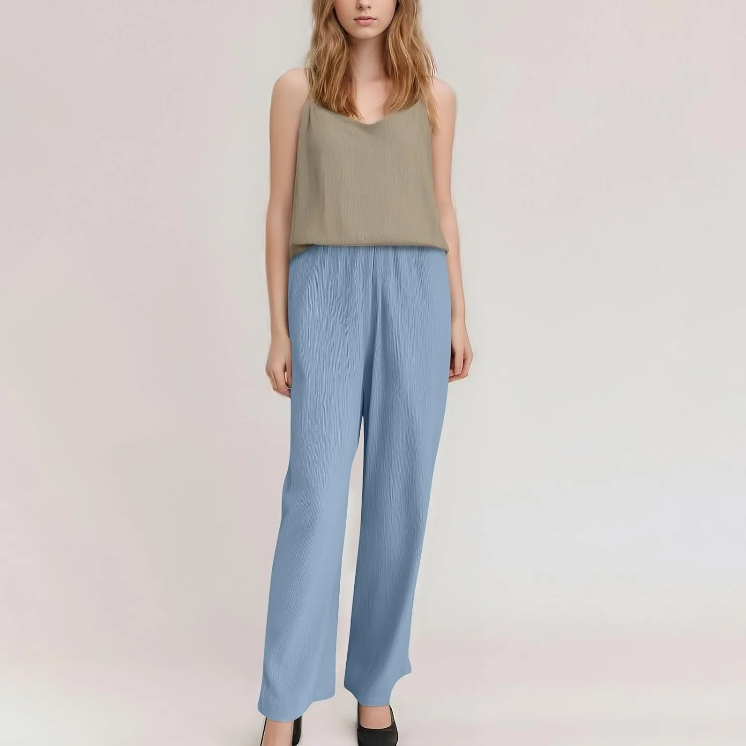 Oversized Wide Leg Pants Woman Baggy Elastic High Waisted Linen Trousers Pants Summer Boho Flowy Pants with Pockets