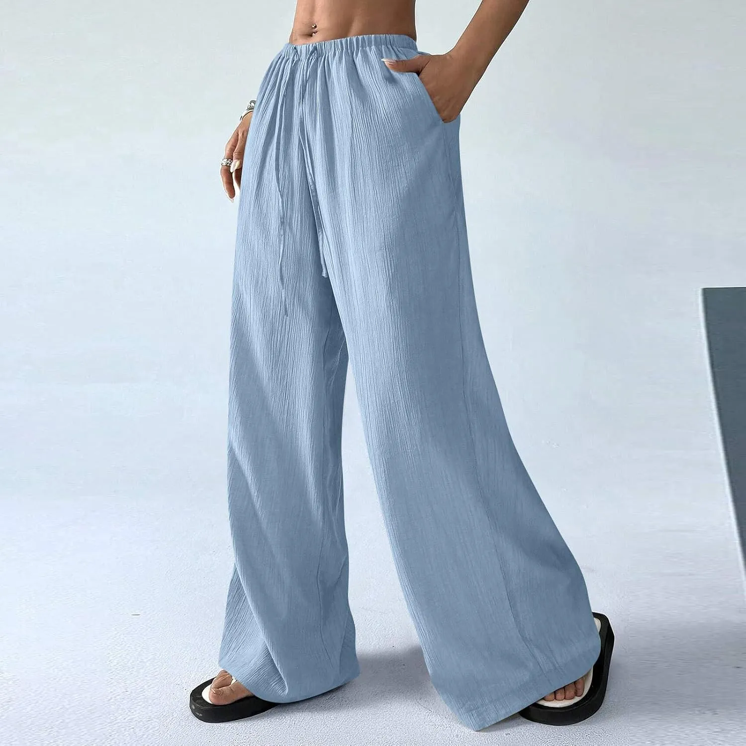Oversized Wide Leg Pants Woman Baggy Elastic High Waisted Linen Trousers Pants Summer Boho Flowy Pants with Pockets
