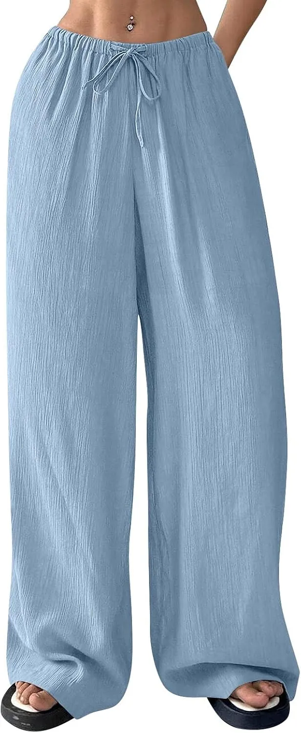 Oversized Wide Leg Pants Woman Baggy Elastic High Waisted Linen Trousers Pants Summer Boho Flowy Pants with Pockets