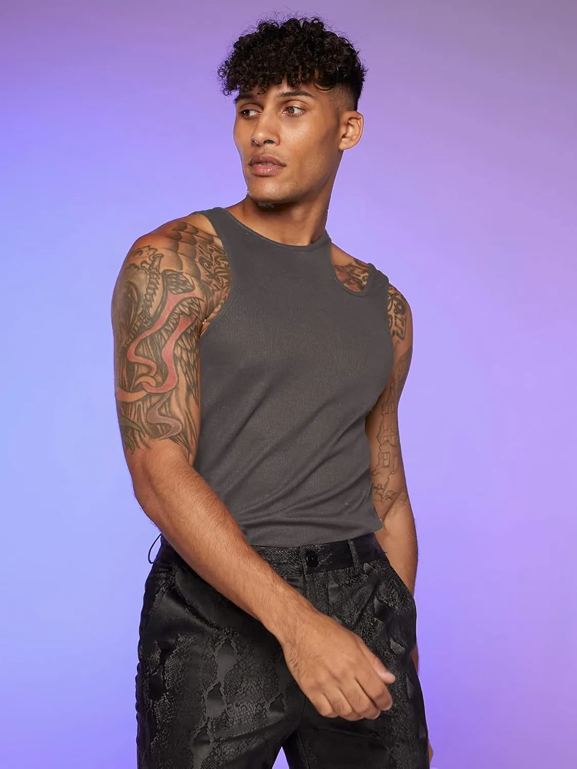 OYOANGLE Men's Cut Out Asymmetrical Neck Sleeveless Club Tank Top Shirt