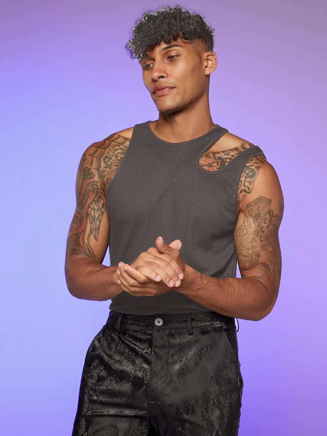 OYOANGLE Men's Cut Out Asymmetrical Neck Sleeveless Club Tank Top Shirt