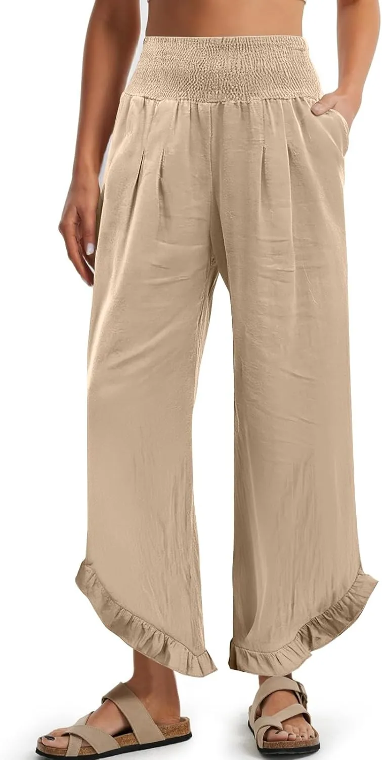 Palazzo Cotton Linen Pants Women Casual Smocked Waisted Ruffle Hem Wide Leg Pants Summer Loose Beach Pant with Pockets