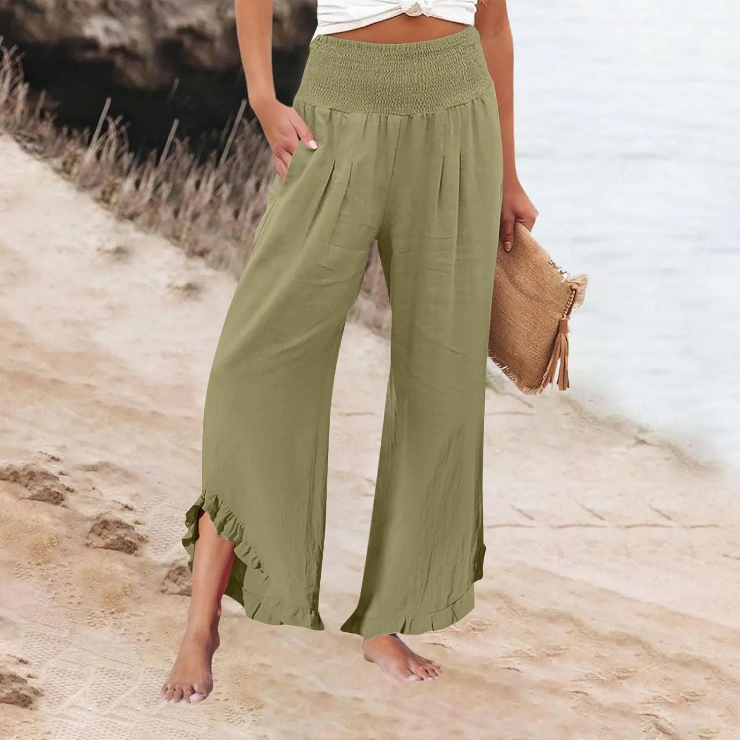 Palazzo Cotton Linen Pants Women Casual Smocked Waisted Ruffle Hem Wide Leg Pants Summer Loose Beach Pant with Pockets