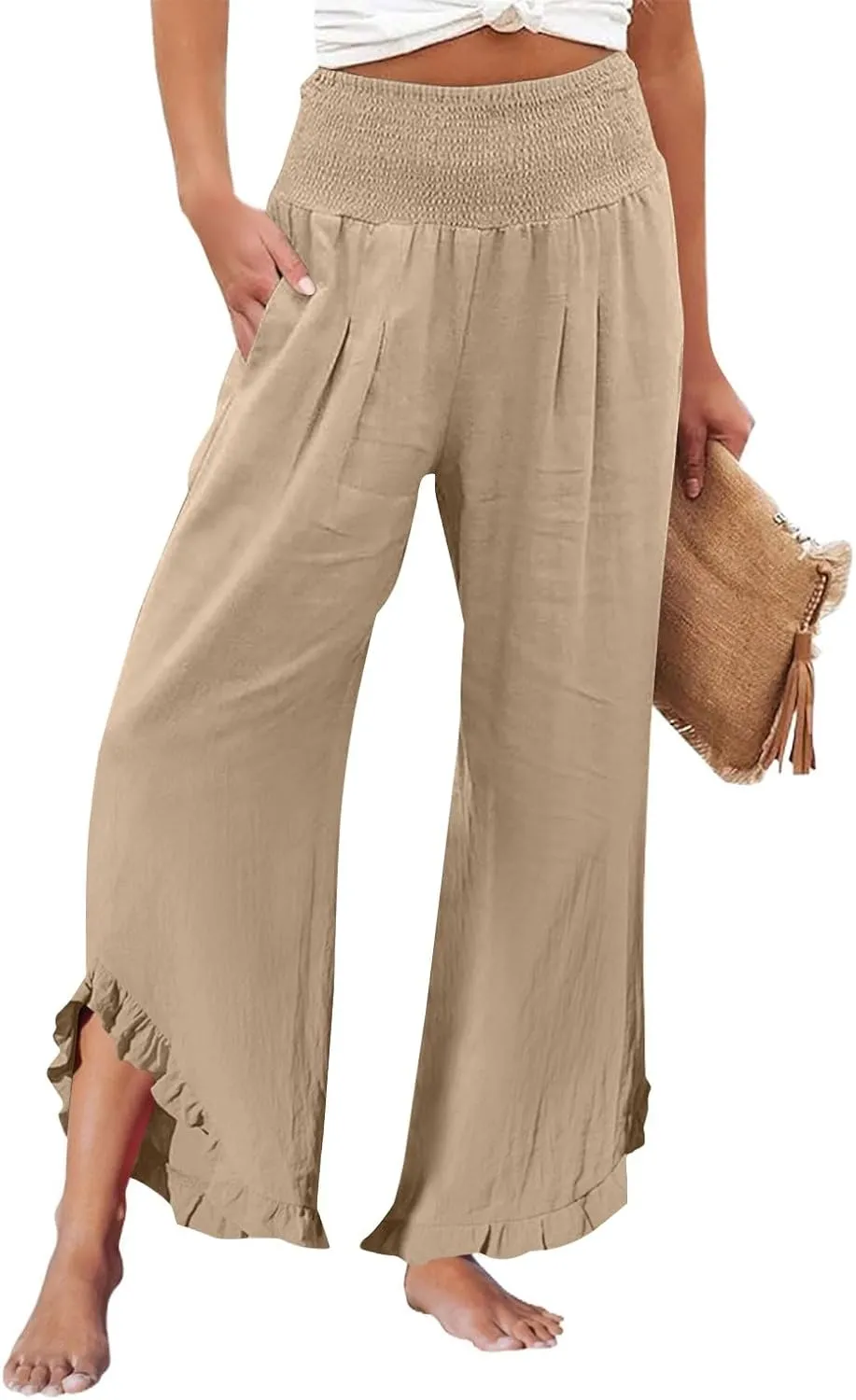Palazzo Cotton Linen Pants Women Casual Smocked Waisted Ruffle Hem Wide Leg Pants Summer Loose Beach Pant with Pockets