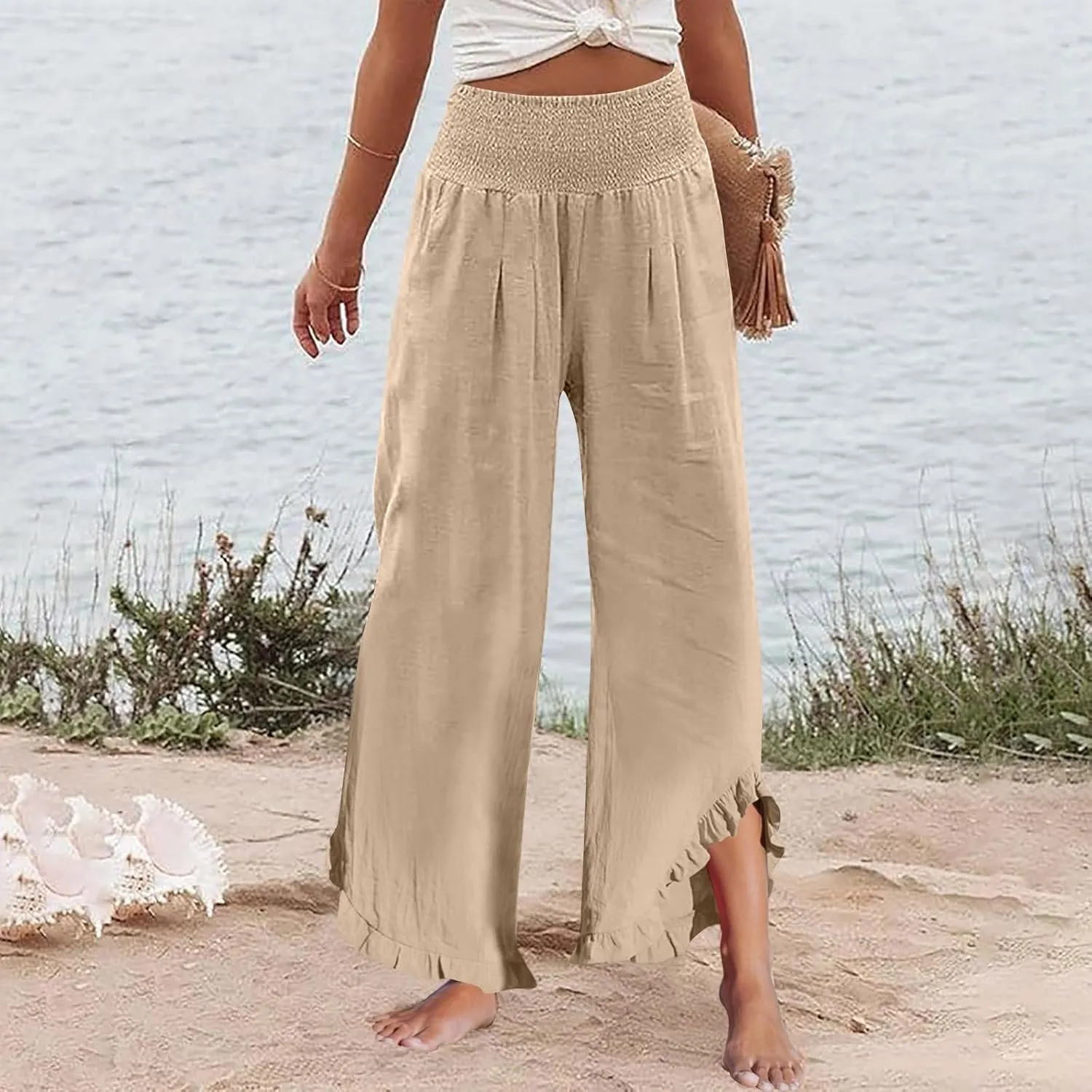 Palazzo Cotton Linen Pants Women Casual Smocked Waisted Ruffle Hem Wide Leg Pants Summer Loose Beach Pant with Pockets