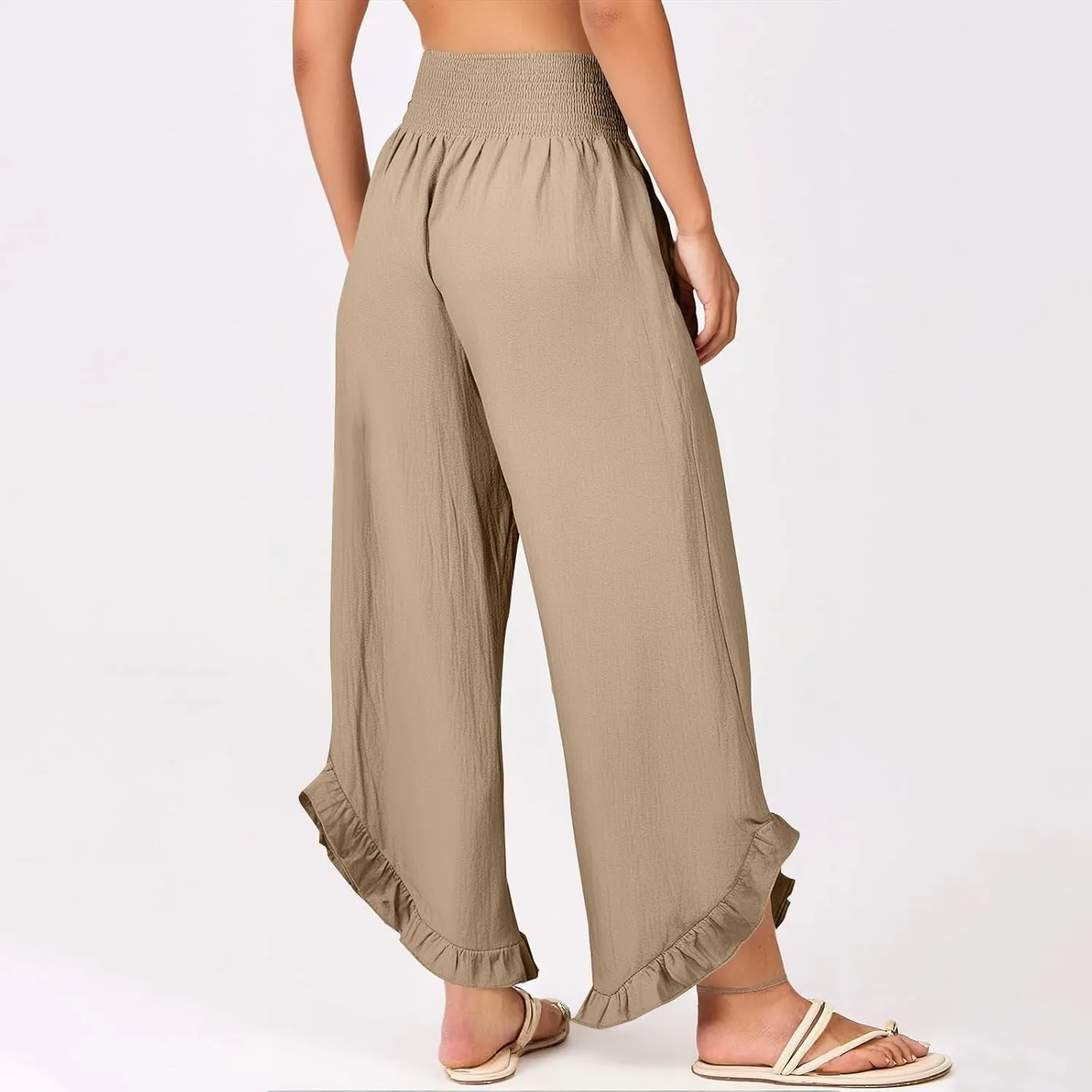 Palazzo Cotton Linen Pants Women Casual Smocked Waisted Ruffle Hem Wide Leg Pants Summer Loose Beach Pant with Pockets