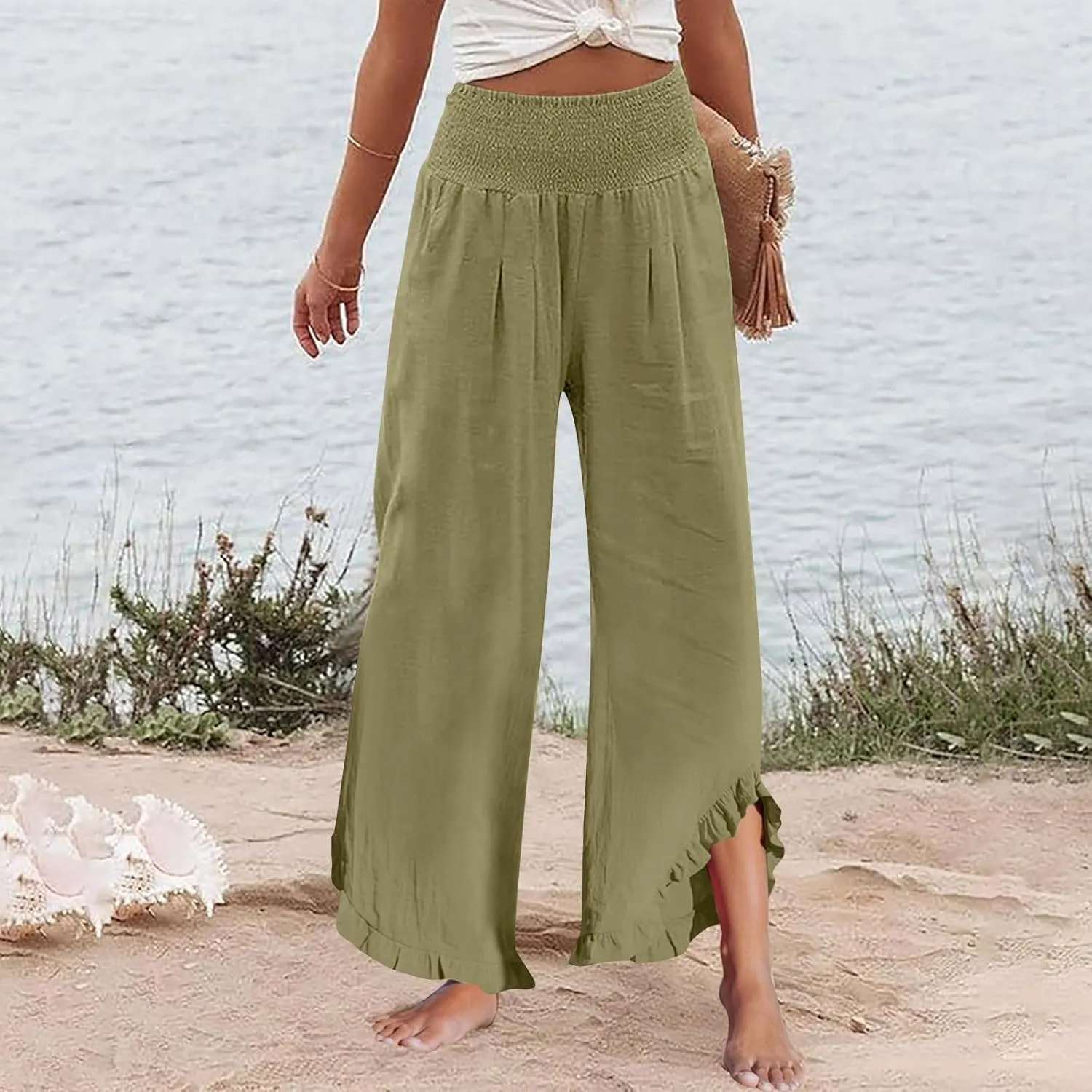 Palazzo Cotton Linen Pants Women Casual Smocked Waisted Ruffle Hem Wide Leg Pants Summer Loose Beach Pant with Pockets