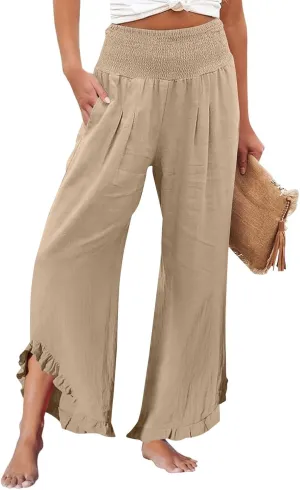 Palazzo Cotton Linen Pants Women Casual Smocked Waisted Ruffle Hem Wide Leg Pants Summer Loose Beach Pant with Pockets
