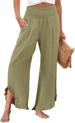 Palazzo Cotton Linen Pants Women Casual Smocked Waisted Ruffle Hem Wide Leg Pants Summer Loose Beach Pant with Pockets