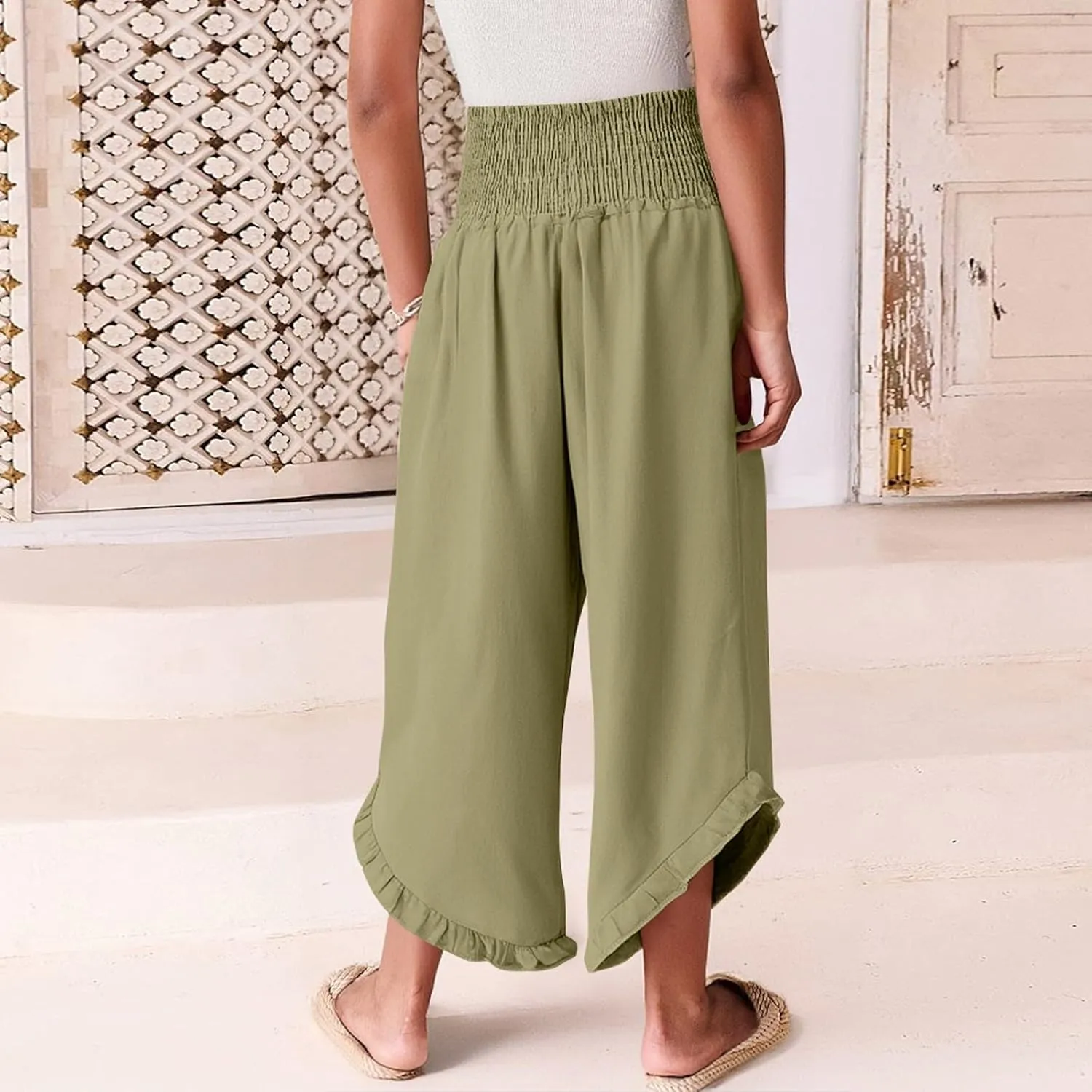 Palazzo Cotton Linen Pants Women Casual Smocked Waisted Ruffle Hem Wide Leg Pants Summer Loose Beach Pant with Pockets