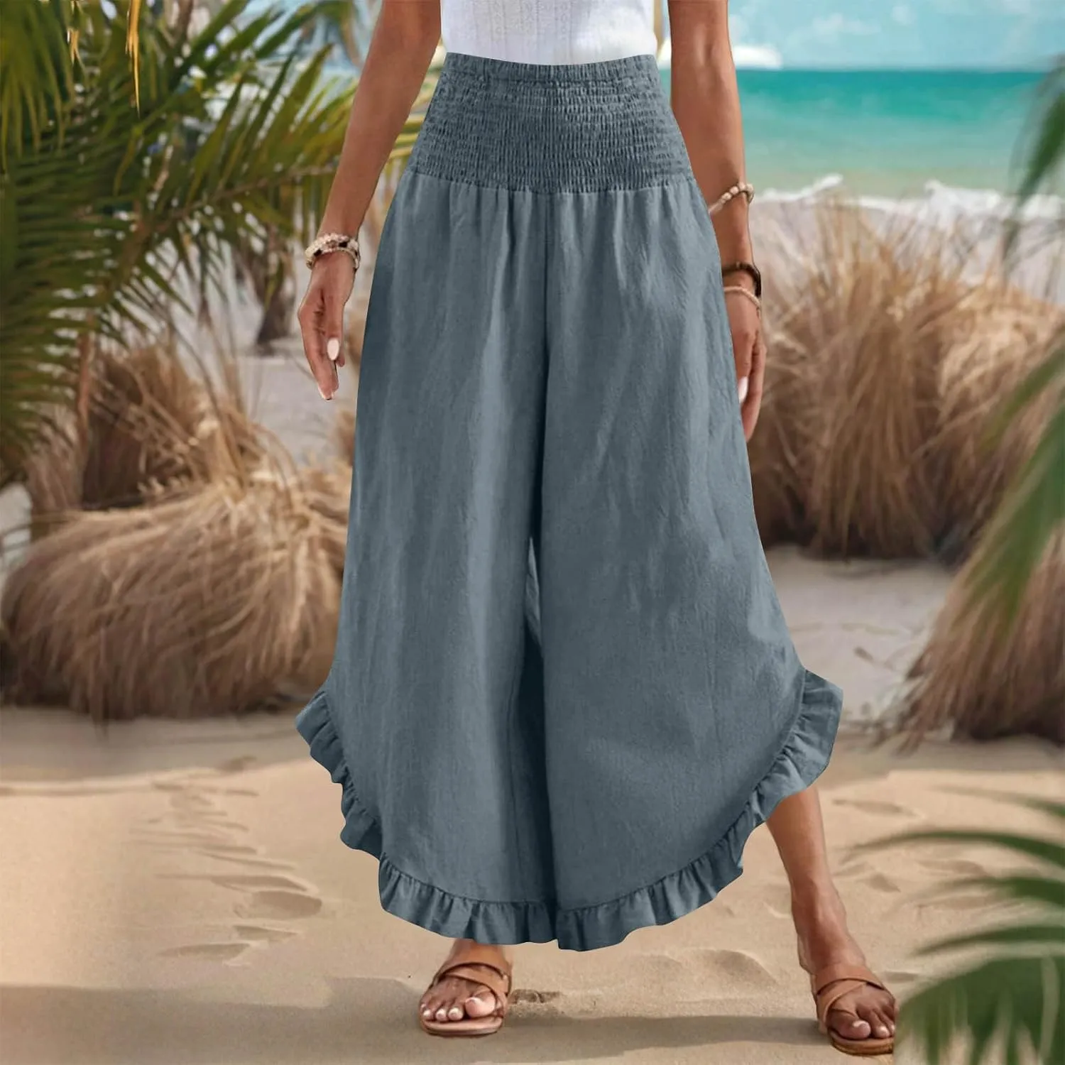 Palazzo Pants for Women Stretch Smocked High Waisted Ruffle Hem Loose Fit Pant Summer Casual Linen Wide Leg Trousers