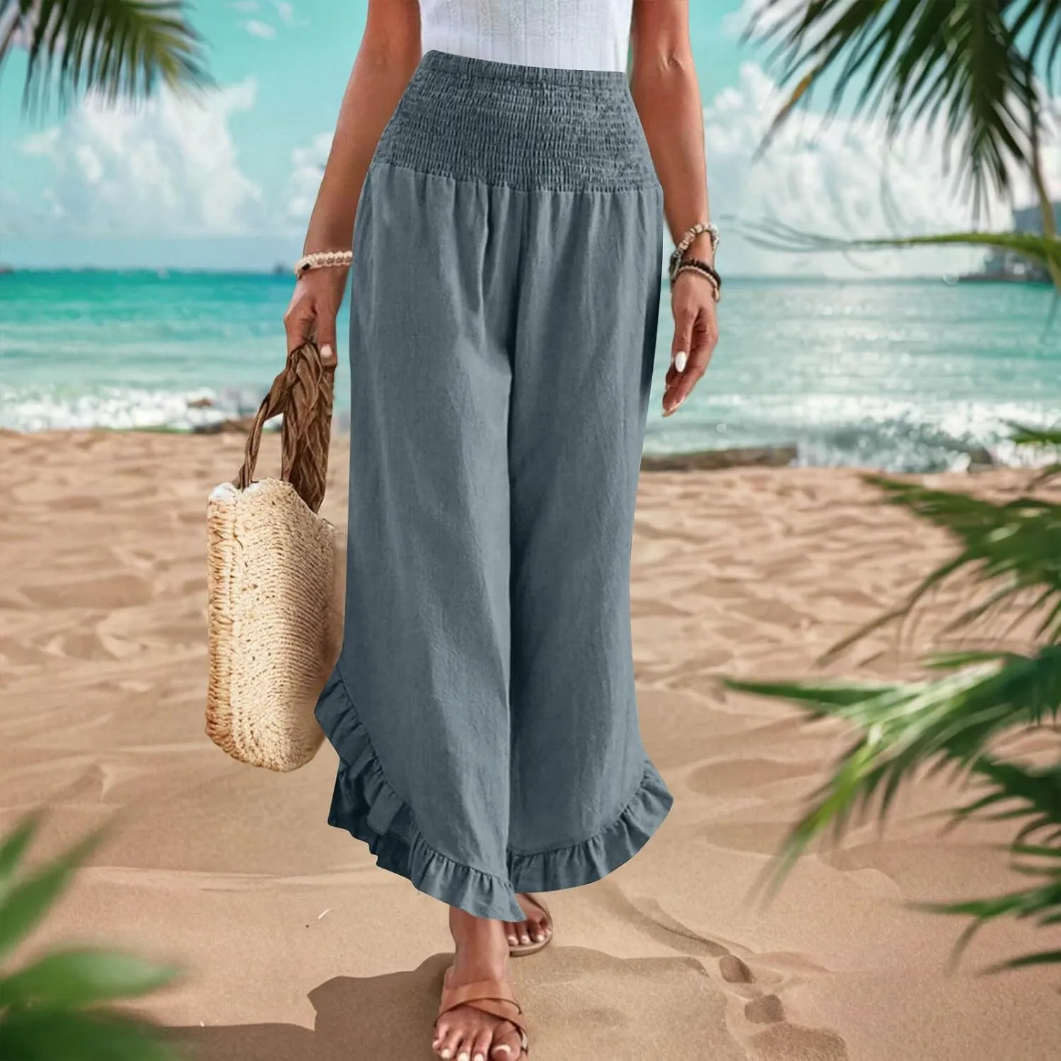 Palazzo Pants for Women Stretch Smocked High Waisted Ruffle Hem Loose Fit Pant Summer Casual Linen Wide Leg Trousers