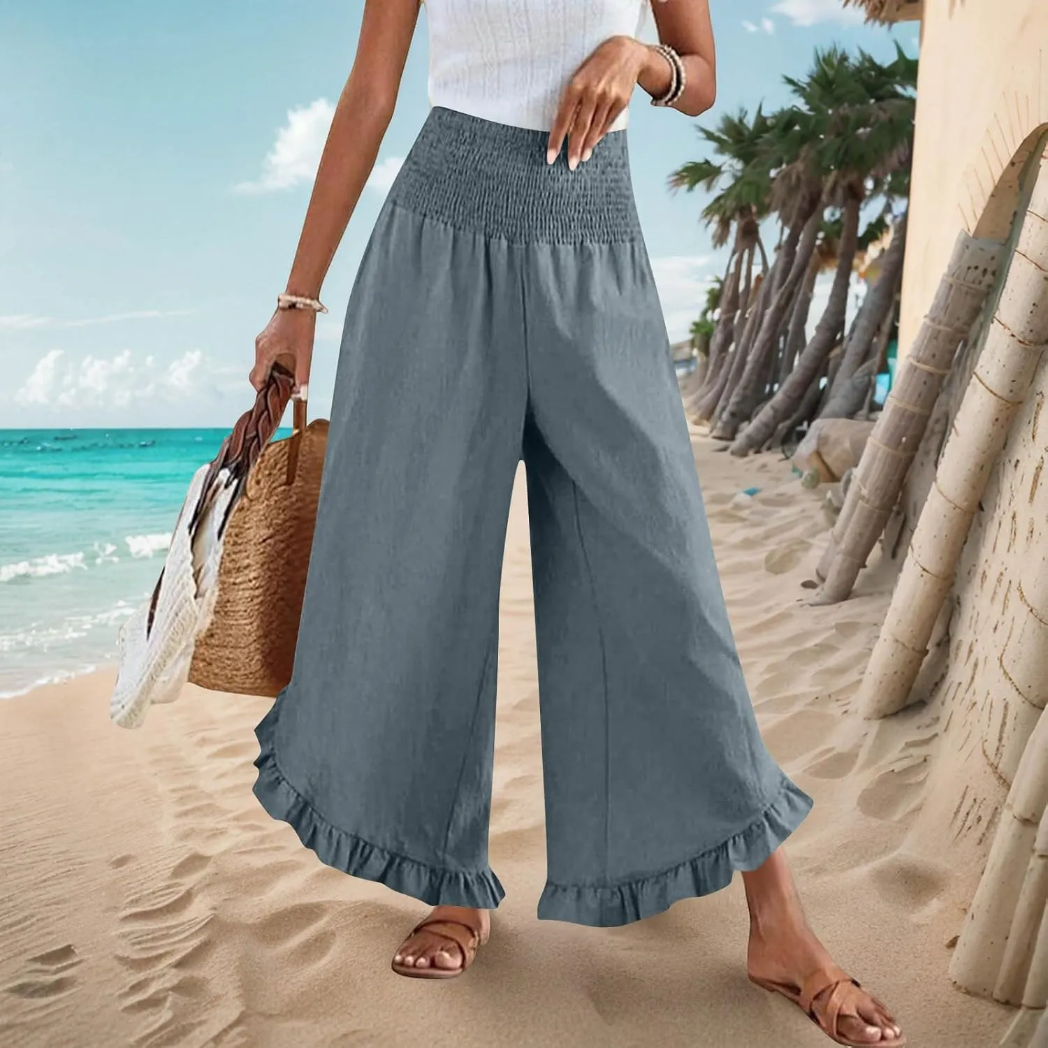 Palazzo Pants for Women Stretch Smocked High Waisted Ruffle Hem Loose Fit Pant Summer Casual Linen Wide Leg Trousers