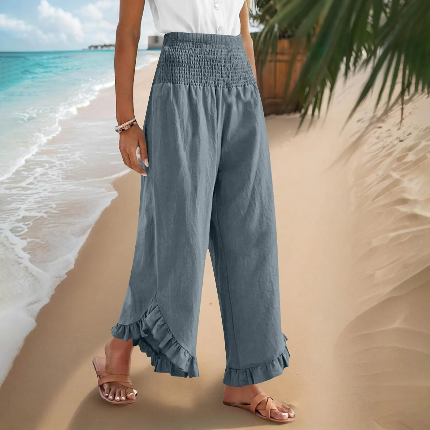 Palazzo Pants for Women Stretch Smocked High Waisted Ruffle Hem Loose Fit Pant Summer Casual Linen Wide Leg Trousers
