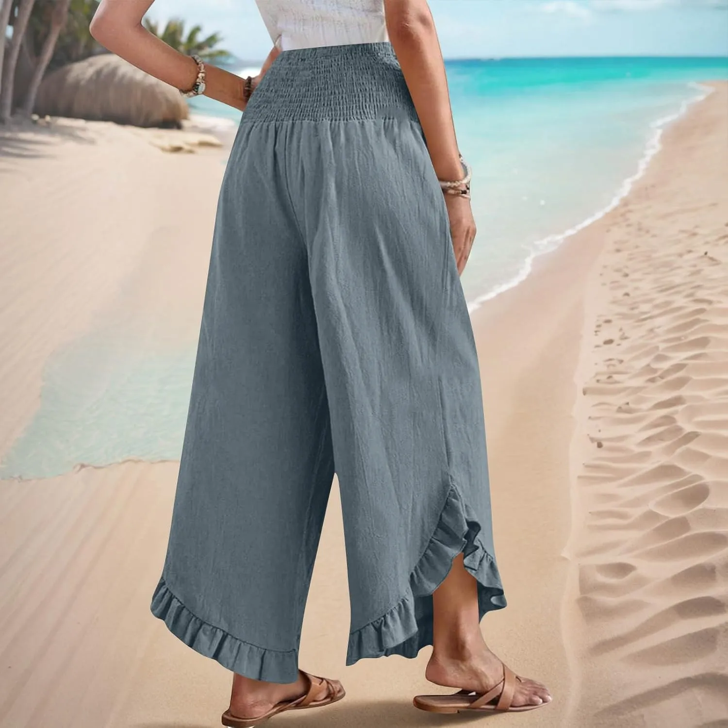 Palazzo Pants for Women Stretch Smocked High Waisted Ruffle Hem Loose Fit Pant Summer Casual Linen Wide Leg Trousers