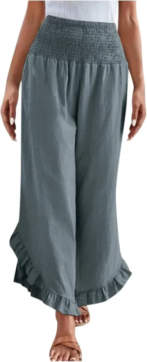 Palazzo Pants for Women Stretch Smocked High Waisted Ruffle Hem Loose Fit Pant Summer Casual Linen Wide Leg Trousers