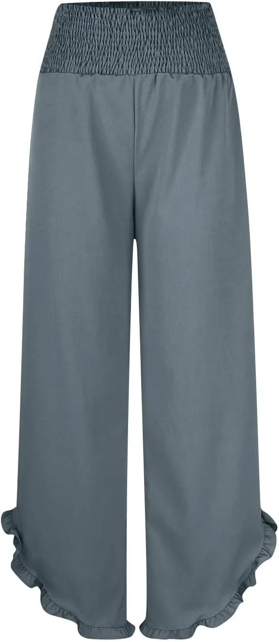 Palazzo Pants for Women Stretch Smocked High Waisted Ruffle Hem Loose Fit Pant Summer Casual Linen Wide Leg Trousers