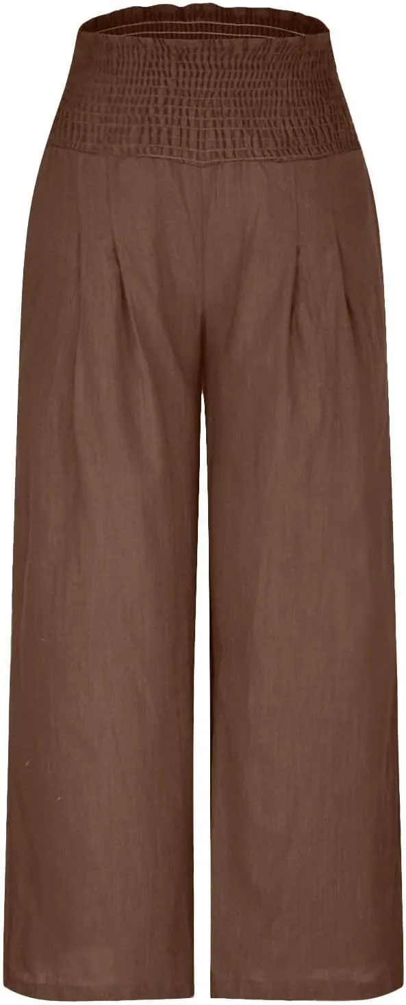 Palazzo Pants for Women Wide Leg High Waist Linen Trousers Stretchy Fall Casual Loose Comfy Pant with Pockets