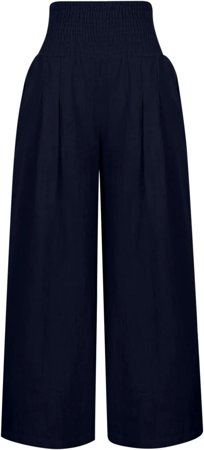 Palazzo Pants for Women Wide Leg High Waist Linen Trousers Stretchy Fall Casual Loose Comfy Pant with Pockets