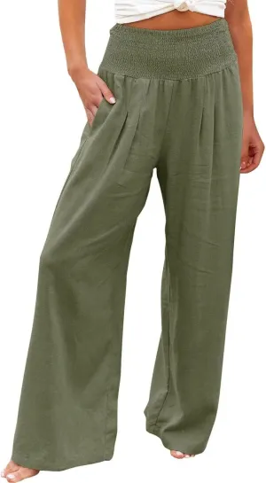 Palazzo Pants for Women Wide Leg High Waist Linen Trousers Stretchy Fall Casual Loose Comfy Pant with Pockets