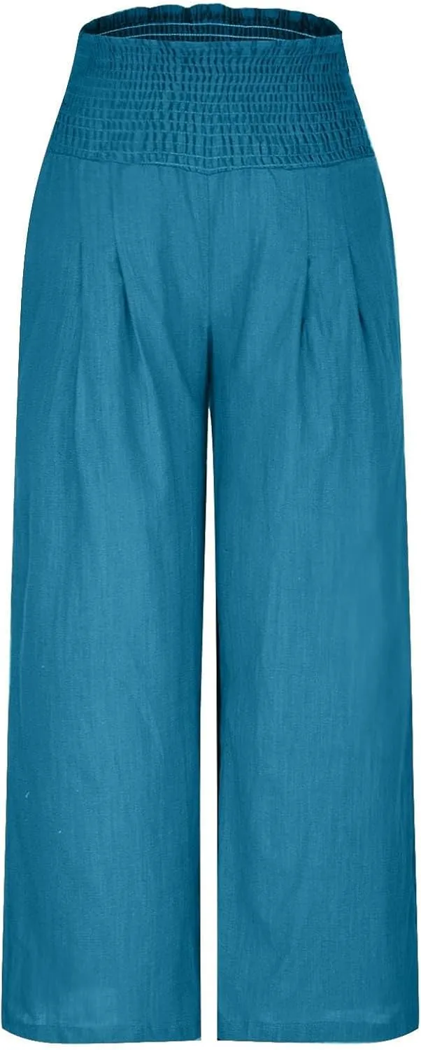 Palazzo Pants for Women Wide Leg High Waist Linen Trousers Stretchy Fall Casual Loose Comfy Pant with Pockets