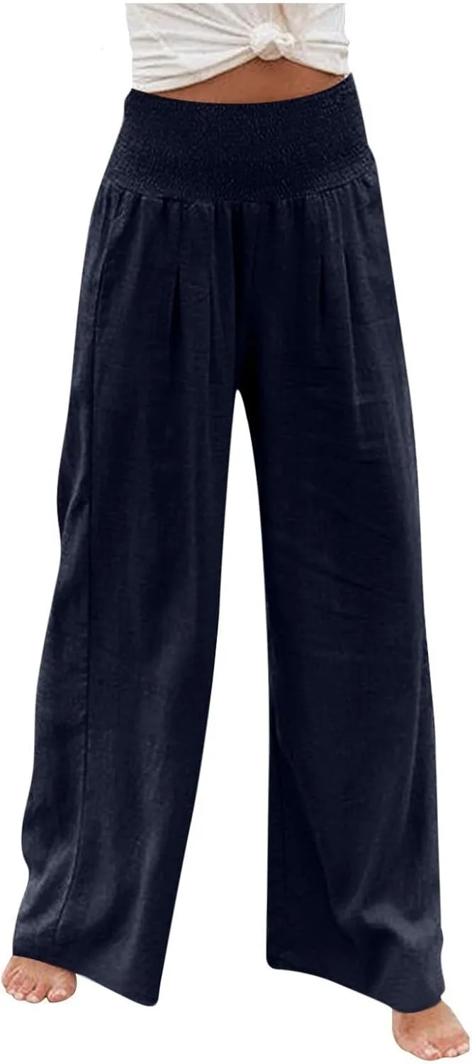Palazzo Pants for Women Wide Leg High Waist Linen Trousers Stretchy Fall Casual Loose Comfy Pant with Pockets