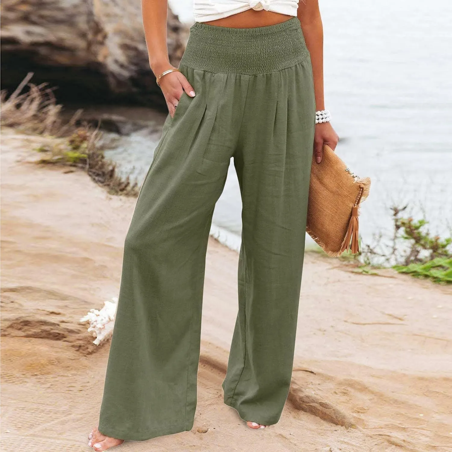 Palazzo Pants for Women Wide Leg High Waist Linen Trousers Stretchy Fall Casual Loose Comfy Pant with Pockets
