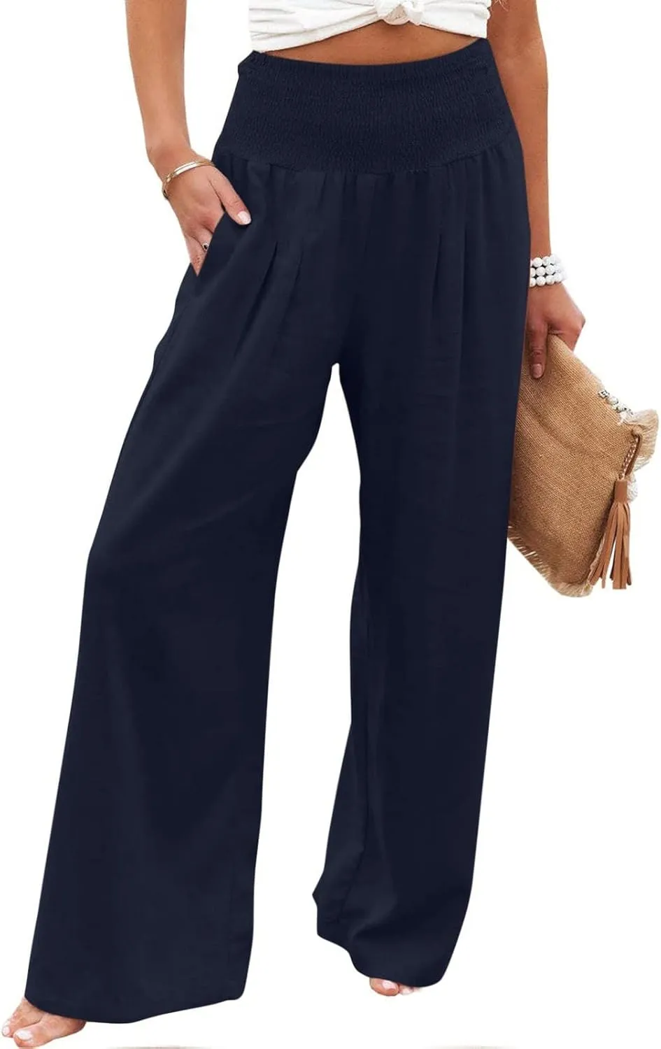 Palazzo Pants for Women Wide Leg High Waist Linen Trousers Stretchy Fall Casual Loose Comfy Pant with Pockets