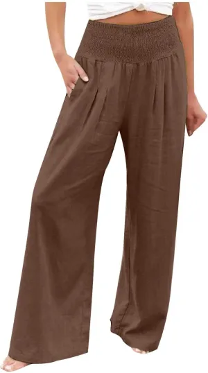 Palazzo Pants for Women Wide Leg High Waist Linen Trousers Stretchy Fall Casual Loose Comfy Pant with Pockets