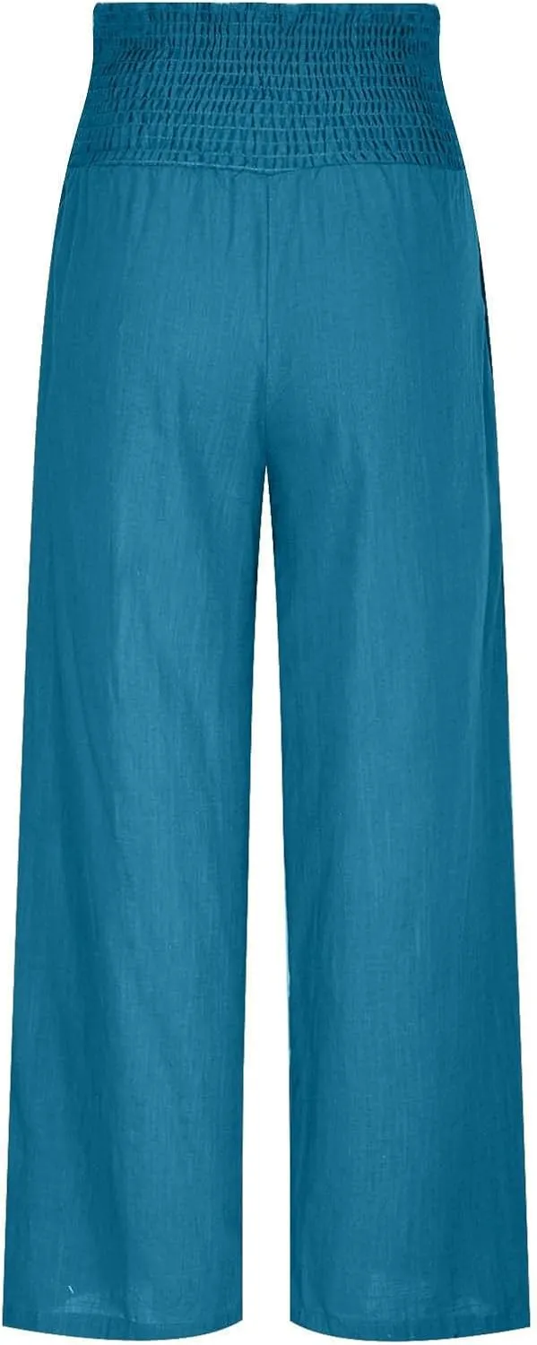 Palazzo Pants for Women Wide Leg High Waist Linen Trousers Stretchy Fall Casual Loose Comfy Pant with Pockets
