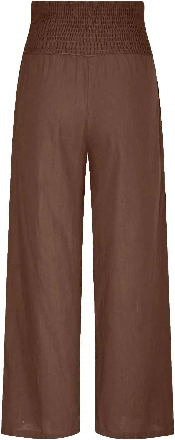 Palazzo Pants for Women Wide Leg High Waist Linen Trousers Stretchy Fall Casual Loose Comfy Pant with Pockets